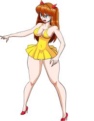 Rule 34 | 1girl, absurdres, alcione makoto, alternate breast size, bare legs, breasts, cleavage, covered navel, dress, expressionless, full body, green eyes, highres, large breasts, legs, lips, neon genesis evangelion, orange hair, panties, short dress, solo, souryuu asuka langley, sundress, thick thighs, thighs, underwear, white panties, wide hips, yellow dress