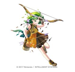 1girl aged_down arrow_(projectile) bandana black_gloves bow_(weapon) braid commentary_request copyright_notice damaged fingerless_gloves fire_emblem fire_emblem:_the_blazing_blade fire_emblem_heroes gloves green_eyes holding holding_arrow nintendo official_alternate_costume official_art one_eye_closed open_mouth pleated_skirt quiver rebecca_(breezy_scamp)_(fire_emblem) rebecca_(fire_emblem) ringozaka_mariko skirt solo torn_clothes twintails weapon white_background yellow_bandana