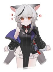 Rule 34 | 1girl, anger vein, angry, animal ear fluff, animal ears, black jacket, blue archive, blush, check commentary, chinese knot, closed mouth, commentary request, cropped legs, grey hair, highres, jacket, kashiko (kshiko1), kokona (blue archive), long hair, long sleeves, looking at viewer, multicolored hair, pout, red eyes, simple background, solo, streaked hair, very long hair, white background