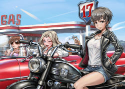 Rule 34 | 10s, 3girls, alisa (girls und panzer), belt, black jacket, blonde hair, blue eyes, blue shorts, bracelet, breasts, brown eyes, brown hair, camisole, car, casual, cigarette, cleavage, closed mouth, collared shirt, commentary, cup, day, denim, denim shorts, disposable cup, drinking, driving, earrings, emblem, english text, freckles, gas station, girls und panzer, hair intakes, hand in pocket, highres, holding, holding cigarette, hoop earrings, jacket, jewelry, kay (girls und panzer), leather, leather jacket, long hair, looking at viewer, medium breasts, motor vehicle, motorcycle, multiple girls, naomi (girls und panzer), one eye closed, open clothes, open jacket, open mouth, outdoors, purple shirt, riding, saunders (emblem), shirt, short hair, short twintails, shorts, sky, sleeves rolled up, smile, smoke, solokov (okb-999), straw, striped clothes, striped shirt, sunglasses, twintails, vehicle request, very short hair, white belt, white shirt