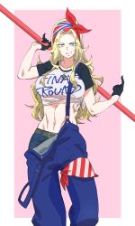 Rule 34 | 1girl, absurdres, apollo (pixiv884782), bandana, billy kane, blonde hair, blue eyes, breasts, fatal fury, genderswap, genderswap (mtf), gloves, highres, holding, large breasts, long hair, looking at viewer, midriff, navel, pretty billy kane, shirt, simple background, snk, solo, suspenders hanging, the king of fighters, the king of fighters all-stars, the king of fighters for girls