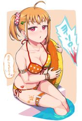 Rule 34 | 1girl, ahoge, bikini, breasts, earrings, float, hair ornament, hairclip, highres, jewelry, large breasts, looking at viewer, love live!, love live! sunshine!!, multicolored bikini, multicolored clothes, open mouth, orange hair, pool, red eyes, short hair, side ponytail, simple background, sitting, swimsuit, takami chika, translation request, waste-man