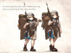 Rule 34 | 2girls, armor, backpack, bag, english text, food, full body, gladius, greco-roman clothes, helmet, highres, holding, holding weapon, ironlily, javelin (spear), legionnaire, multiple girls, original, pilum, polearm, roman clothes, sandals, sheath, shield, soldier, spear, standing, sword, weapon