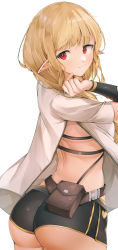 Rule 34 | 1girl, :3, ass, belt, belt pouch, black shorts, blonde hair, blush, brown belt, clenched hand, closed mouth, commission, cowboy shot, elf, frown, grayfox, heart, highres, long hair, looking at viewer, looking back, original, pointy ears, pouch, red eyes, shirt, short sleeves, shorts, simple background, smile, solo, standing, white background, white shirt, zipper