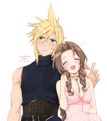 Rule 34 | 1boy, 1girl, aerith gainsborough, artist name, bare arms, belt, blonde hair, blue eyes, blue shirt, blush, braid, braided ponytail, breasts, brown hair, choker, cleavage, closed eyes, cloud strife, couple, dress, final fantasy, final fantasy vii, final fantasy vii remake, flower choker, hair between eyes, hair ribbon, highres, hover hand, krudears, long dress, long hair, looking to the side, medium breasts, open mouth, parted bangs, pink dress, pink ribbon, ribbon, shirt, short hair, sidelocks, sitting, sleeveless, sleeveless dress, sleeveless turtleneck, smile, spiked hair, turtleneck, twitter username, upper body, white background