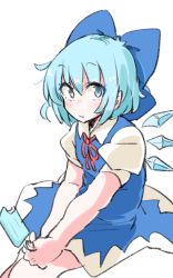 Rule 34 | 1girl, blue eyes, blue hair, blush, bow, cirno, collared shirt, dress, eating, hair bow, highres, ice, ice wings, looking at viewer, matching hair/eyes, popsicle, shirt, short hair, sitting, solo, touhou, wings, zk (zk gundan)