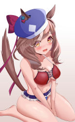 Rule 34 | 1girl, absurdres, alternate costume, animal ears, bikini, blush, breasts, brown hair, cleavage, collarbone, cross-laced bikini, cross-laced clothes, filkia, hair ornament, hairclip, highres, horse ears, horse tail, looking at viewer, matikane tannhauser (umamusume), medium breasts, medium hair, navel, open mouth, seiza, simple background, sitting, swimsuit, tail, tears, umamusume, white background