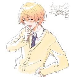 Rule 34 | 2boys, blonde hair, blue necktie, blush, cardigan, closed eyes, collared shirt, hand up, highres, kamishiro rui, long sleeves, male focus, multiple boys, necktie, open mouth, project sekai, shirt, simple background, smile, solo focus, taro14 tea, tenma tsukasa, upper body, white background, white shirt, yellow cardigan