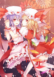 Rule 34 | 2girls, :o, absurdres, ascot, bat wings, blonde hair, fang, female focus, flandre scarlet, highres, holding hands, looking back, multiple girls, na s, nazuka (mikkamisaki), open mouth, ponytail, red eyes, remilia scarlet, short hair, siblings, side ponytail, sisters, slit pupils, smirk, thighhighs, touhou, white thighhighs, wings