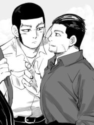 Rule 34 | 2boys, adjusting another&#039;s clothes, bara, beard stubble, black hair, buzz cut, collared shirt, eye contact, facial hair, goatee stubble, golden kamuy, greyscale, light blush, long sideburns, looking at another, male focus, mature male, monochrome, multiple boys, muscular, muscular male, ogata hyakunosuke, shirt, short hair, sideburns, smile, souda (sosoda), stubble, tanigaki genjirou, thick eyebrows, upper body, very short hair, yaoi