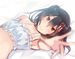Rule 34 | 10s, 1girl, bad id, bad pixiv id, bare shoulders, black hair, blush, bra, brown eyes, cinderella bust, collarbone, frilled bra, frills, hair ornament, kantai collection, looking at viewer, sendai (kancolle), shuuichi, smile, solo, twintails, two side up, underwear, underwear only