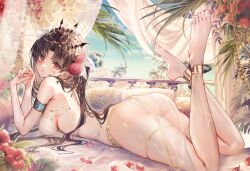 Rule 34 | 1girl, absurdres, anklet, arabian clothes, armlet, ass, bare shoulders, barefoot, black hair, blush, breasts, chiachun0621, commentary request, crown, curtains, dancer, fate/grand order, fate (series), feet, flower, from side, full body, hair flower, hair ornament, hair ribbon, harem outfit, highres, indoors, ishtar (fate), jewelry, legs, long hair, looking at viewer, looking to the side, lying, medium breasts, no bra, on bed, on stomach, red eyes, red flower, red rose, ribbon, rose, see-through, sideboob, solo, the pose, thighlet, thighs, tiara, toes, turban