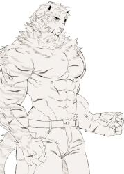 Rule 34 | 1boy, abs, animal ears, arknights, bara, denim, facial hair, feet out of frame, furry, furry male, goatee, half-closed eyes, hinokumo f, jeans, large pectorals, male focus, mountain (arknights), muscular, muscular male, no nipples, pants, pectorals, scar, scar across eye, scar on face, short hair, solo, standing, stomach, tiger boy, tiger ears, topless male, white fur
