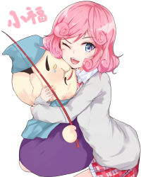 Rule 34 | 10s, 1girl, ;d, character name, hugging doll, highres, kofuku, kou mashiro, noragami, hugging object, one eye closed, open mouth, pink hair, short hair, simple background, smile, solo, white background