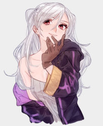 Rule 34 | 1girl, bad id, bad pixiv id, breasts, camisole, cleavage, fire emblem, fire emblem awakening, gloves, grey background, hooded robe, itou (very ito), leather, leather gloves, medium breasts, nintendo, off shoulder, red eyes, robe, robin (female) (fire emblem), robin (fire emblem), silver hair, simple background, smile, solo, spaghetti strap, twintails, upper body, wide sleeves