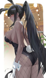 Rule 34 | 1girl, absurdres, animal ears, arm at side, ass, bad id, bad pixiv id, bare arms, black hair, black leotard, blue archive, blush, breasts, cowboy shot, dark-skinned female, dark skin, detached collar, drink, fake animal ears, fake tail, fishnet pantyhose, fishnets, from side, genera-x, gloves, highleg, highleg leotard, highres, holding, holding tray, karin (blue archive), karin (bunny) (blue archive), large breasts, leotard, long hair, pantyhose, parted lips, playboy bunny, ponytail, rabbit ears, rabbit tail, sideboob, sidelocks, skindentation, solo, strapless, strapless leotard, tail, tray, very long hair, white gloves, wrist cuffs, yellow eyes