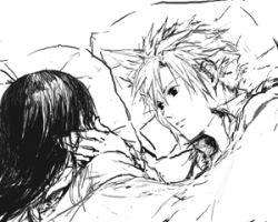 Rule 34 | 1990s (style), bed, cloud strife, final fantasy, final fantasy vii, greyscale, hand on another&#039;s face, lowres, monochrome, niko (silent.whitesnow), retro artstyle, tifa lockhart