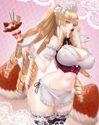 Rule 34 | 1girl, absurdres, apron, bare shoulders, black thighhighs, blonde hair, blue eyes, blunt bangs, blush, bow, bowtie, breasts, cleavage, covered erect nipples, curvy, damegane, detached collar, detached sleeves, drill hair, food, fruit, hair ornament, hair scrunchie, headdress, highres, holding, ice cream, large breasts, lips, long hair, looking at viewer, maid headdress, midriff, navel, original, parted lips, pink background, pocky, ponytail, saucer, scrunchie, solo, strawberry, sundae, thighhighs, waist apron, wide hips, wrist cuffs