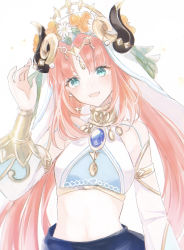 Rule 34 | 1girl, :d, aqua eyes, asa (1asa-0-asa1), blue skirt, blush, breasts, brooch, circlet, crop top, detached sleeves, flower, genshin impact, hair flower, hair ornament, harem outfit, highres, horns, jewelry, long hair, long sleeves, looking at viewer, medium breasts, neck ring, nilou (genshin impact), open mouth, puffy long sleeves, puffy sleeves, red hair, sidelocks, simple background, skirt, smile, solo, stomach, twintails, upper body, white background