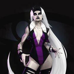 black_eyeliner black_eyeshadow black_hair black_lips boots breasts evgenyyurichev eyeliner eyeshadow groin large_breasts leotard long_hair looking_at_viewer makeup mortal_kombat_(series) multicolored_hair purple_leotard sindel thigh_boots two-tone_hair very_long_hair white_hair