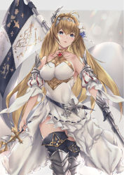 Rule 34 | 1girl, armor, armored dress, bare shoulders, belt, blonde hair, blue eyes, blush, boots, breasts, collarbone, diadem, dress, flag, flower, gauntlets, granblue fantasy, greaves, hair flower, hair intakes, hair ornament, jeanne d&#039;arc (granblue fantasy), large breasts, lily (flower), long hair, looking at viewer, open mouth, parfaitlate, solo, sword, thigh boots, thighhighs, thighs, weapon, white dress, white flower
