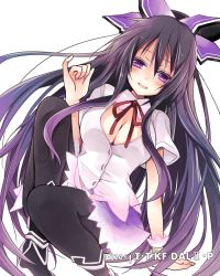 Rule 34 | 1girl, :d, arm support, black hair, black legwear, bow, breasts, choker, cleavage, date a live, hair between eyes, hair bow, hibiki mio, long hair, looking at viewer, medium breasts, miniskirt, multicolored hair, neck ribbon, open clothes, open mouth, open shirt, panties, ponytail, purple bow, purple eyes, purple hair, purple skirt, red ribbon, ribbon, shirt, simple background, sitting, skirt, smile, solo, twintails, two-tone hair, underwear, very long hair, white background, white shirt, wrist cuffs, yatogami tooka
