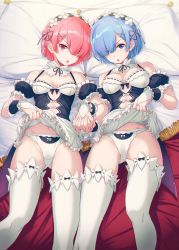 Rule 34 | 10s, 2girls, 40hara, apron, apron lift, bed sheet, blanket, blue eyes, blue hair, bow, bow panties, breasts, chromatic aberration, cleavage, clothes lift, collar, detached collar, detached sleeves, disgust, fingerless gloves, flower, frilled collar, frilled legwear, frilled sleeves, frills, fringe trim, glaring, gloves, hair flower, hair ornament, hair over one eye, hair ribbon, highres, hip focus, looking at viewer, lying, maid, maid headdress, medium breasts, multiple girls, navel, on back, on bed, panties, pillow, purple ribbon, ram (re:zero), re:zero kara hajimeru isekai seikatsu, red eyes, red hair, rem (re:zero), ribbon, siblings, sisters, small breasts, thighhighs, thighs, triangle mouth, twins, underwear, waist apron, white bow, white flower, white gloves, white legwear, white panties, wrist cuffs, x hair ornament