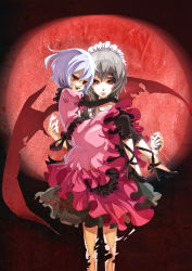 Rule 34 | 2girls, absurdres, black gloves, dissolving, dress, elbow gloves, embellished costume, fang, female focus, frills, full moon, gloves, high heels, highres, igneous25, izayoi sakuya, light purple hair, maid, maid headdress, moon, multiple girls, no headwear, no headwear, pocket watch, red eyes, red moon, red wings, remilia scarlet, shoes, touhou, watch, white hair, wings