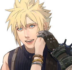 Rule 34 | 1boy, 1girl, aerith gainsborough, armor, blonde hair, blue eyes, blue shirt, bracelet, cloud strife, crying, final fantasy, final fantasy vii, final fantasy vii remake, gloves, hair between eyes, hand on another&#039;s cheek, highres, holding hands, jewelry, newb ff7r, shirt, shoulder armor, sleeveless, sleeveless turtleneck, smile, spiked hair, square enix, suspenders, turtleneck, white background