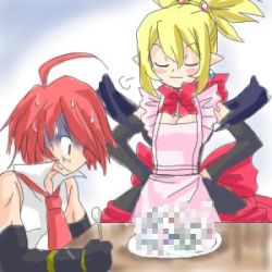 Rule 34 | adell (disgaea), apron, censored, disgaea, closed eyes, lowres, pointless censoring, rozalin, spoon