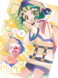 ! &gt;_&lt; 1boy 1girl :d animal_charm backpack bag blue_shorts blunt_bangs character_name commentary_request crossed_arms green_eyes green_hair hel_mw long_sleeves milgram momose_amane open_mouth randoseru restraints short_hair shorts smile straitjacket upper_body x x_arms yellow_background