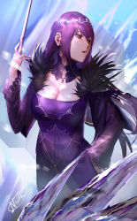 Rule 34 | 1girl, breasts, cleavage, commentary request, dress, fate/grand order, fate (series), fur trim, hair between eyes, highres, holding, holding wand, icicle, large breasts, long hair, looking at viewer, nuda, open mouth, purple dress, purple hair, red eyes, scathach (fate), scathach skadi (fate), solo, tiara, wand, wide sleeves