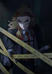 Rule 34 | 1boy, alternate costume, belt, belt buckle, black jacket, black pants, blonde hair, brown belt, buckle, caution tape, closed mouth, collared shirt, frown, gloves, grey gloves, highres, indoors, jacket, jacket on shoulders, keep out, kimetsu no yaiba, long hair, looking at viewer, male focus, multicolored hair, necktie, pants, red hair, red necktie, remsor076, rengoku kyoujurou, shirt, solo, standing, straight hair, twitter username, two-tone hair, white shirt, wing collar, yellow eyes
