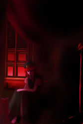 Rule 34 | 1girl, beret, braid, china dress, chinese clothes, curtains, dark, dress, female focus, full body, green dress, hat, hong meiling, indoors, long hair, oisin, red eyes, red hair, room, sitting, solo, star (symbol), embodiment of scarlet devil, touhou, twin braids, very long hair
