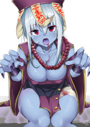 Rule 34 | 1girl, bandages, blood, blue skin, bracelet, breasts, check commentary, chinese clothes, cleavage, collarbone, colored skin, commentary request, highres, jewelry, jiangshi, large breasts, long hair, looking at viewer, nakareki, no bra, open mouth, original, pelvic curtain, red eyes, simple background, sitting, white background, white hair