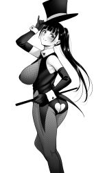 Rule 34 | 1girl, arm up, ass cutout, bodysuit, breasts, butt crack, closed mouth, clothing cutout, elbow gloves, feet out of frame, fishnet bodysuit, fishnets, gloves, greyscale, hat, heart cutout, highres, large breasts, leotard, long hair, looking at viewer, monochrome, monpuchi, natsu ga owaru made, ponytail, simple background, smile, solo, tachibana yui (natsu ga owaru made), tailcoat, top hat, wrist cuffs