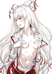 Rule 34 | 1girl, asutora, blush, bow, breasts, collared shirt, colored eyelashes, commentary request, covering privates, covering breasts, cowboy shot, dress shirt, fujiwara no mokou, hair bow, half-closed eyes, hands up, highres, long hair, long sleeves, looking at viewer, navel, no bra, open clothes, open mouth, open shirt, pants, profile, red eyes, red pants, sarashi, shirt, simple background, sketch, small breasts, solo, suspenders, sweatdrop, touhou, undone sarashi, very long hair, white background, white bow, white hair, wing collar
