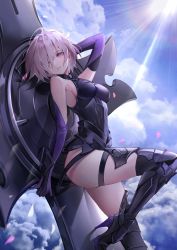 Rule 34 | 1girl, armor, armored boots, armored dress, blue sky, boots, cloud, cloudy sky, commentary request, deadprince, fate/grand order, fate (series), gauntlets, grey eyes, hair over one eye, high heel boots, high heels, highres, looking at viewer, mash kyrielight, parted lips, petals, shield, short hair, sidelocks, silver hair, sky, solo, standing, standing on one leg, sunlight, thigh boots, thighhighs, thighs, wind