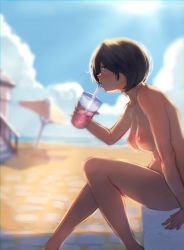 Rule 34 | 1girl, absurdres, barefoot, beach, black hair, blue eyes, breasts, casual nudity, completely nude, day, drink, drinking straw, erochi, exhibitionism, highres, nipples, nude, public indecency, shade, short hair, sitting, thighs