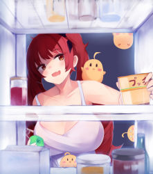 Rule 34 | 1girl, apple, azur lane, bare shoulders, bird, black background, blush, bottle, breasts, brown eyes, casual, chick, cleavage, collarbone, commentary request, food, fruit, hair ribbon, highres, holding, holding food, holding fruit, honolulu (azur lane), irohara, large breasts, long hair, manjuu (azur lane), open mouth, red hair, refrigerator, refrigerator interior, ribbon, tank top, twintails, very long hair, white tank top