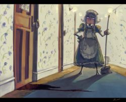 Rule 34 | 1girl, apron, blood, braid, bucket, cleaning, commentary, hat, izayoi sakuya, koto inari, letterboxed, maid, maid apron, mop, short hair, silver hair, solo, touhou, twin braids, waist apron
