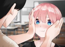 Rule 34 | 1boy, 1girl, black hair, black shirt, blue eyes, blurry, blurry background, blush, closed mouth, commentary request, go-toubun no hanayome, hair between eyes, hands on another&#039;s cheeks, hands on another&#039;s face, highres, mame1645, nakano ichika, pink hair, shirt, short hair, uesugi fuutarou, upper body, white shirt