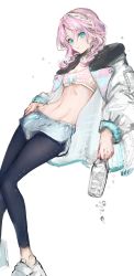 Rule 34 | 1girl, arknights, black leggings, blue eyes, blue poison (arknights), blue poison (shoal beat) (arknights), blue shorts, bottle, breasts, closed mouth, commentary, full body, gawako, hairband, highres, holding, holding bottle, jacket, leggings, leggings under shorts, long hair, long sleeves, looking at viewer, midriff, official alternate costume, open clothes, open jacket, pantyhose, pink hair, pink sports bra, shorts, simple background, small breasts, solo, sports bra, water bottle, white background, white footwear, white hairband, white jacket, white sports bra