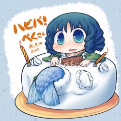 Rule 34 | 1girl, 2016, bad id, bad twitter id, birthday cake, blue eyes, blue hair, breasts, cake, candle, chibi, cleavage, commentary request, dated, drill hair, fins, fish cake, fish tail, food, happy birthday, inunoko., japanese clothes, kimono, mermaid, monster girl, solo, tail, touhou, wakasagihime