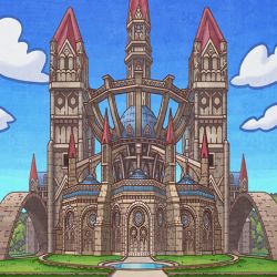 Rule 34 | architecture, brick wall, bridge, building, castle, cloud, creatures (company), game cg, game freak, gothic architecture, grass, nintendo, no humans, official art, poke ball symbol, pokemon, pokemon masters ex, pokemon xy, sky, spire, stained glass, still life, tower, water, window