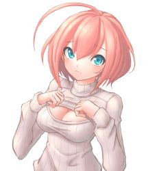 Rule 34 | 1girl, aqua eyes, blue eyes, breasts, cleavage, from above, highres, large breasts, looking at viewer, meme attire, open-chest sweater, original, pink hair, ranken, ribbed sweater, short hair, solo, star-shaped pupils, star (symbol), sweater, symbol-shaped pupils, turtleneck, upper body