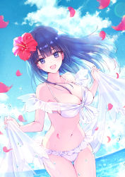 Rule 34 | 1girl, :d, bare shoulders, bikini, blue eyes, blue hair, blue sky, breasts, cleavage, cloud, collarbone, commentary request, cowboy shot, day, floating hair, flower, frills, front-tie bikini top, front-tie top, hair flower, hair ornament, halterneck, hibiscus, highres, holding, large breasts, long hair, looking at viewer, nagidango, navel, ocean, open mouth, original, petals, sky, smile, solo, sparkle, swimsuit, thigh gap, water, white bikini
