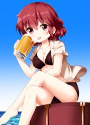 Rule 34 | 1girl, :p, adapted costume, bare legs, barefoot, beer mug, bikini, black bikini, blue background, blush, breasts, cleavage, collarbone, commentary request, crossed legs, cup, drum, feet out of frame, gradient background, hair between eyes, hand up, highres, holding, holding cup, horikawa raiko, instrument, looking at viewer, medium breasts, mug, open clothes, open shirt, plaid, plaid bikini, red eyes, red hair, ruu (tksymkw), short hair, short sleeves, sidelocks, sitting, smile, solo, swimsuit, thighs, tongue, tongue out, touhou, water