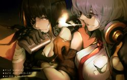Rule 34 | 2girls, armband, bad id, bad pixiv id, bandaged arm, bandages, black hair, blonde hair, braid, breasts, brown eyes, cigarette, cleavage, commentary request, drinking, elbow rest, eyepatch, flask, girls&#039; frontline, glasses, gloves, headphones, hip flask, holding, holding cigarette, holding flask, large breasts, long hair, looking at another, m16a1 (girls&#039; frontline), mole, mole under eye, multicolored hair, multiple girls, necktie, parted lips, red eyes, reroi, revision, scar, shirt, short hair, silver hair, smile, smoking, streaked hair, sunglasses, thompson (girls&#039; frontline), torn clothes