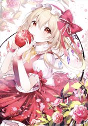 Rule 34 | 1girl, :p, absurdres, apple, blonde hair, blush, bow, bowtie, breasts, collared shirt, commentary, cowboy shot, crystal, fingernails, flandre scarlet, flower, food, fruit, hair between eyes, hands up, hat, hat bow, hat ribbon, highres, holding, holding food, holding fruit, juliet sleeves, long hair, long sleeves, looking at viewer, medium breasts, mob cap, nail polish, noyu (noyu23386566), petals, pointy ears, puffy short sleeves, puffy sleeves, red bow, red eyes, red flower, red nails, red ribbon, red rose, red skirt, red vest, ribbon, rose, shirt, short sleeves, skirt, solo, tongue, tongue out, touhou, vest, white hat, white shirt, wings, wrist cuffs, yellow bow, yellow bowtie